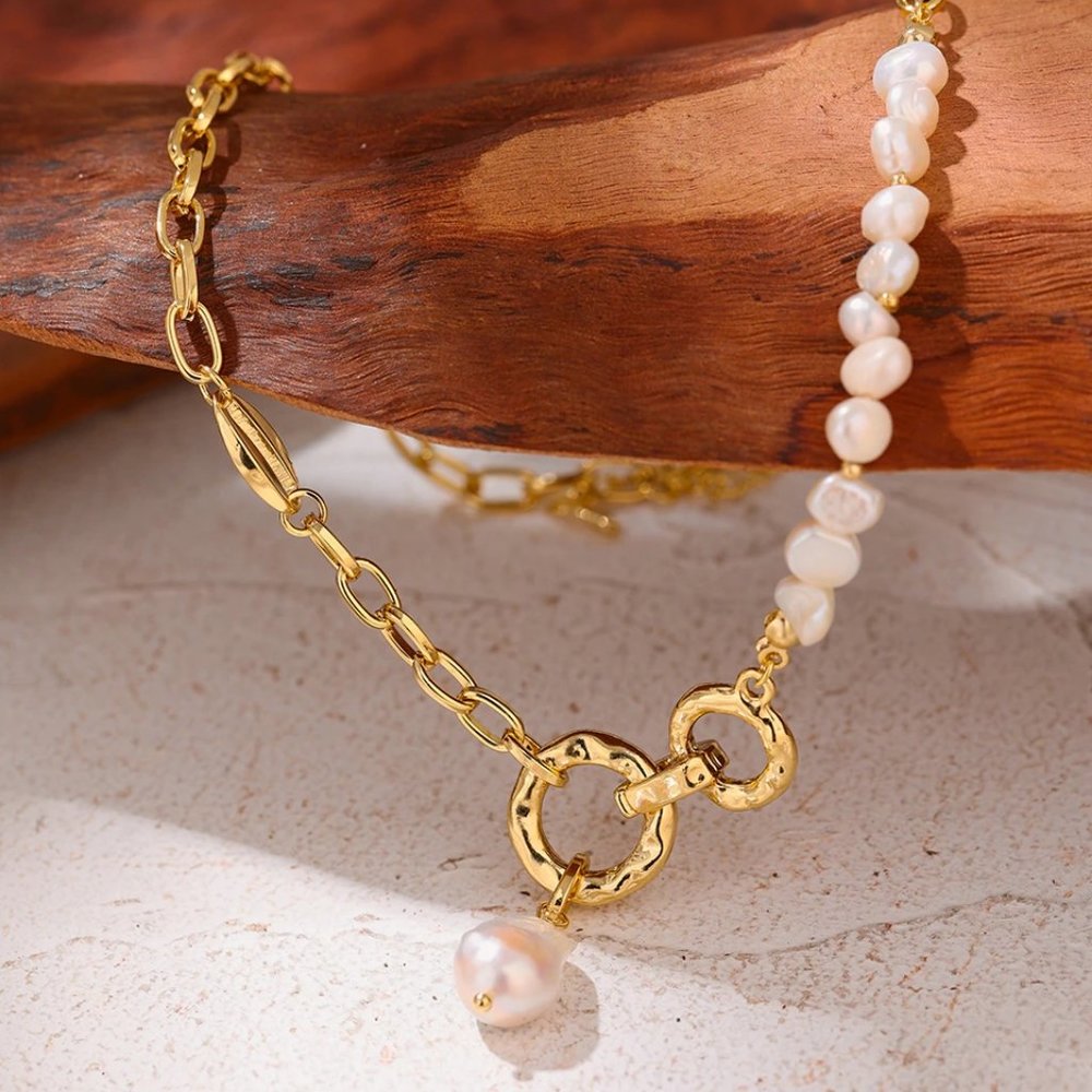 NEW 18K Gold Plated Natural Pearl Circle Link Chain Necklace - Picture 1 of 7